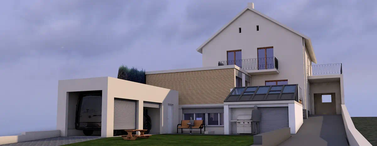 3D-Animation eines Wohnhauses mit Anbau